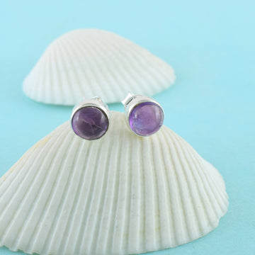 Amethyst Minimal Round Silver Earrings