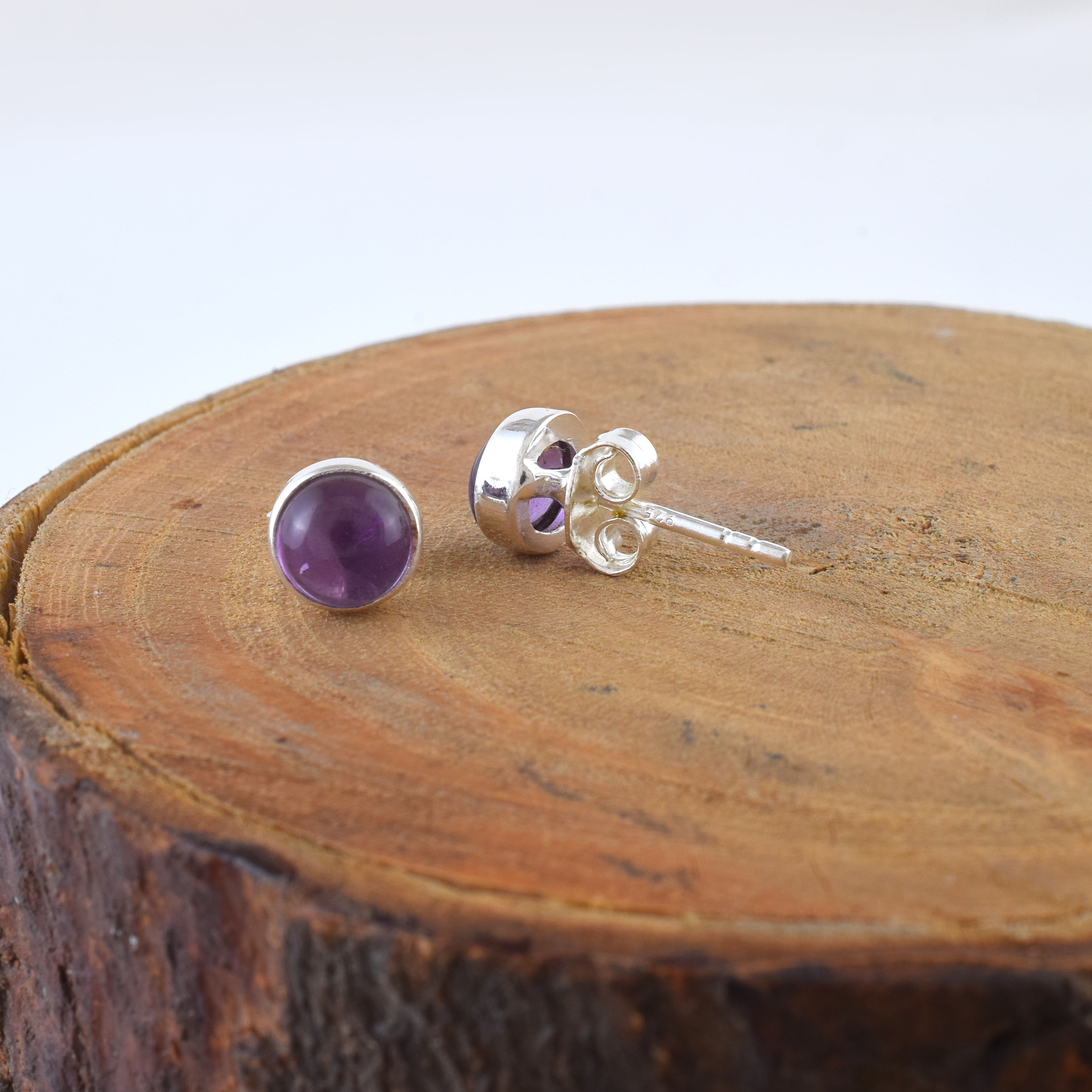Amethyst Minimal Round Silver Earrings