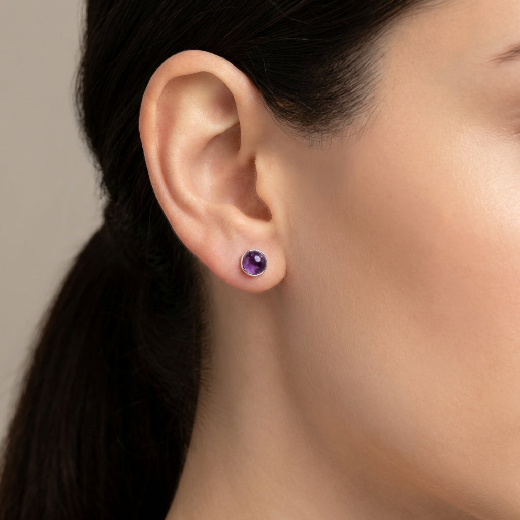 Amethyst Minimal Round Silver Earrings