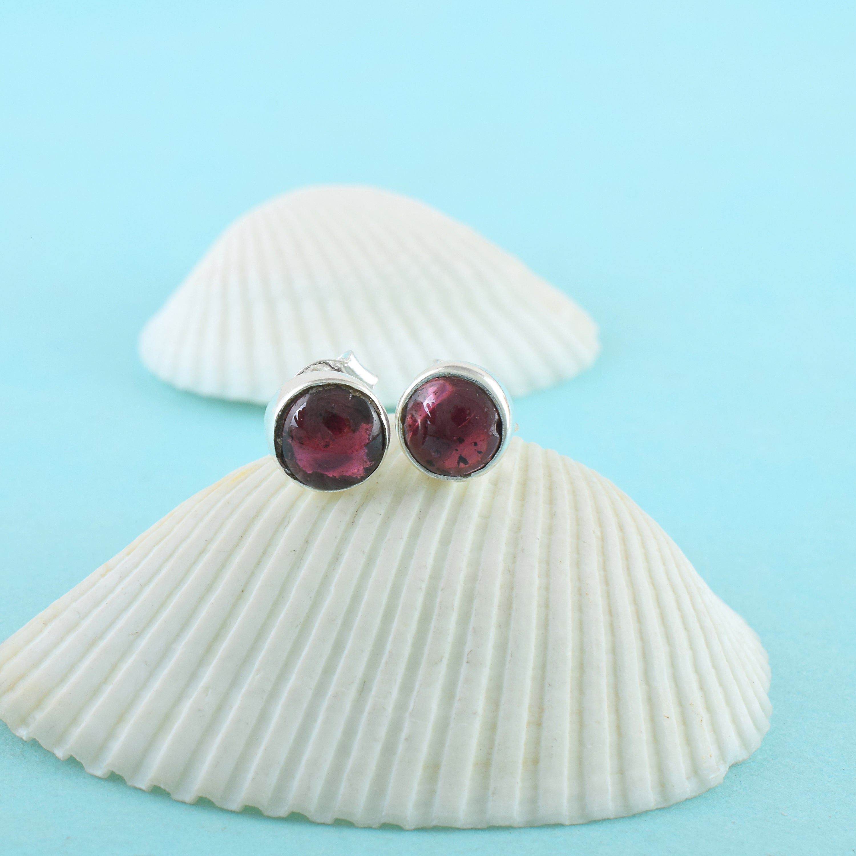 Garnet Round Silver Earrings