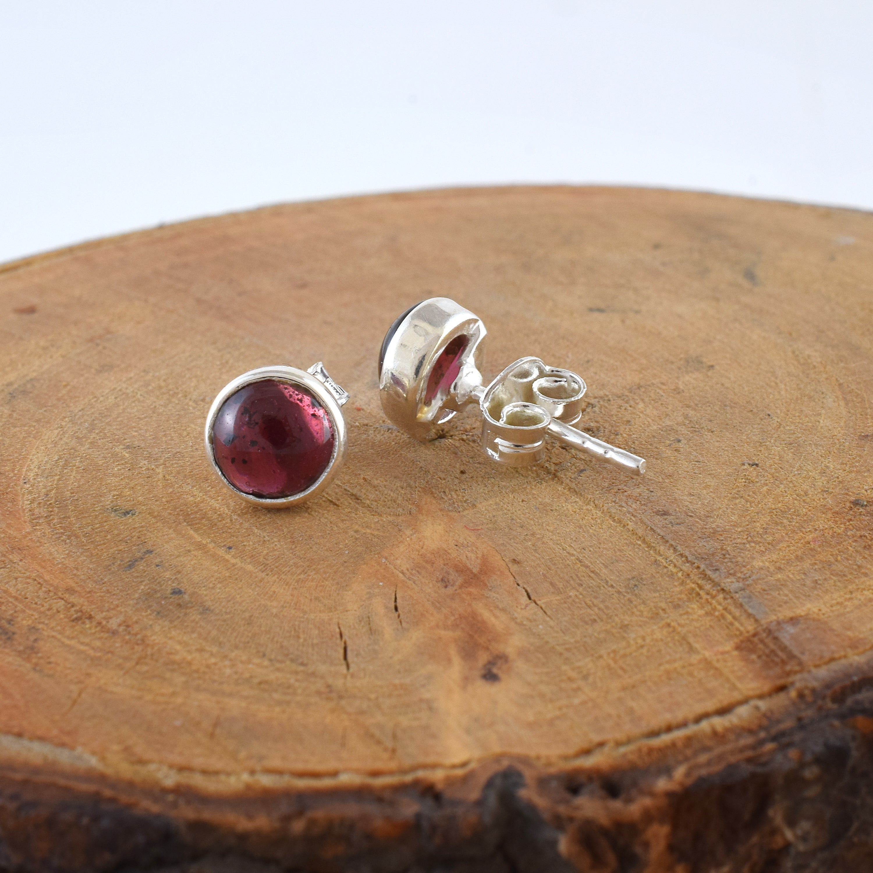 Garnet Round Silver Earrings
