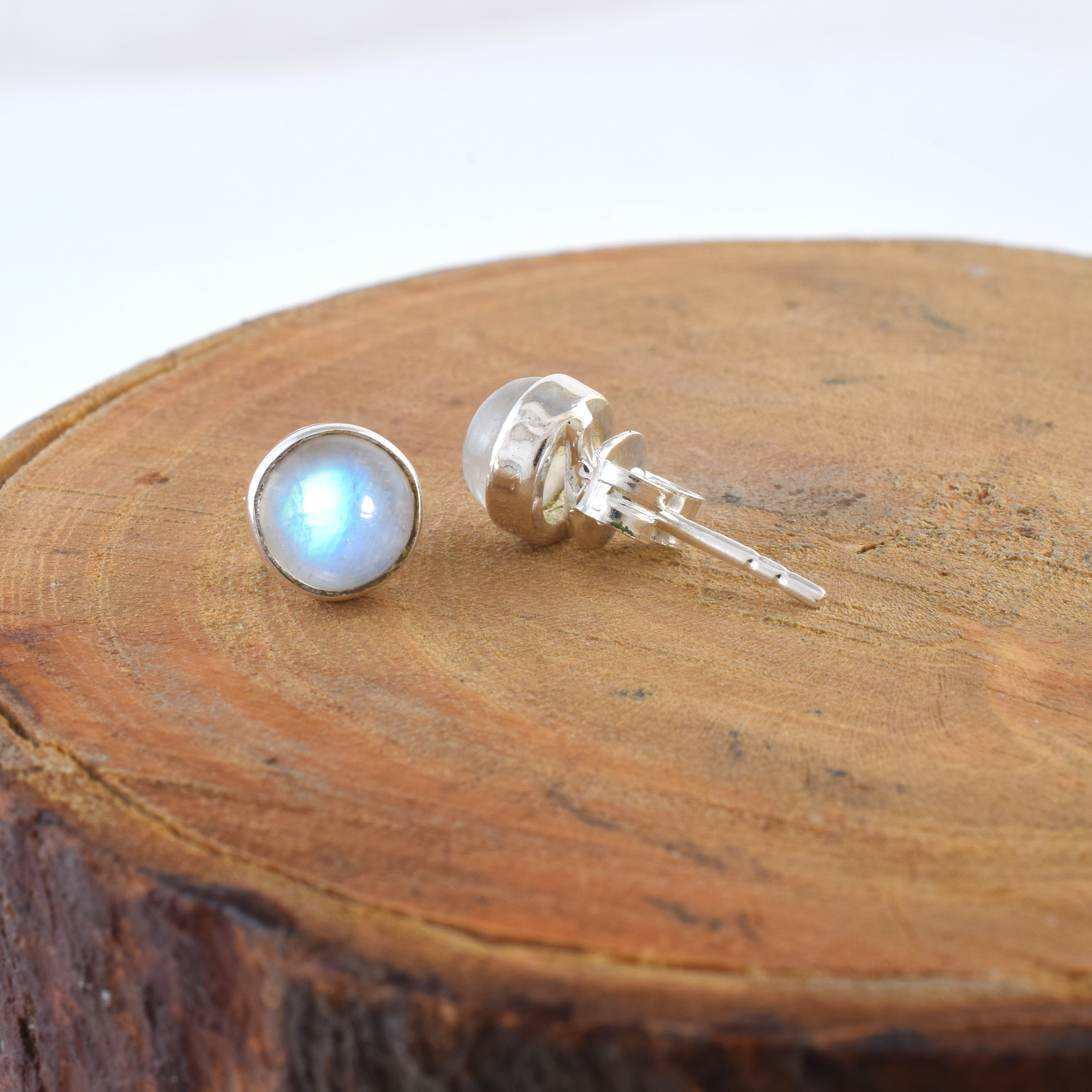 Rainbow Moonstone Round Silver Stud Earrings