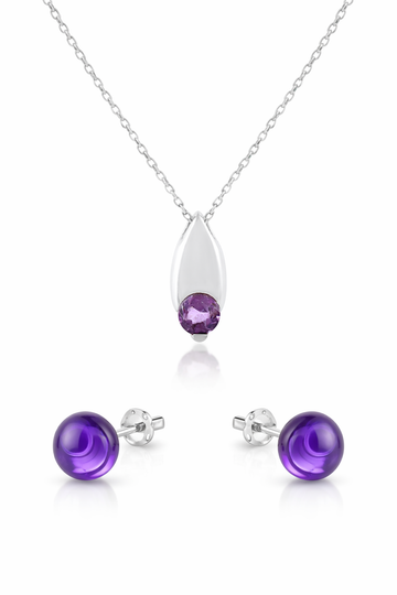 Minimalist Amethyst Teardrop Necklace & Stud Set