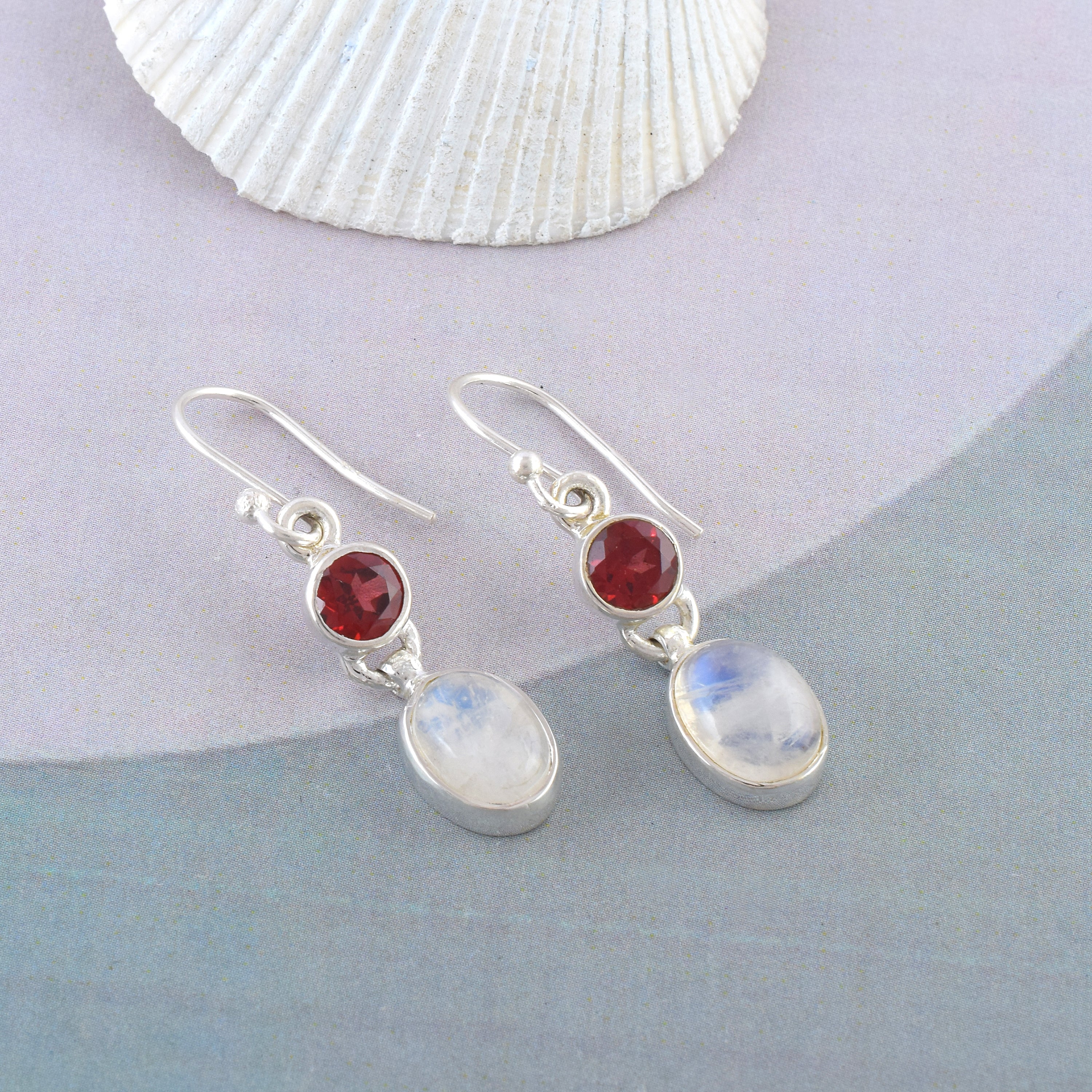 Natural Garnet & Moonstone Dual-Stone Earrings