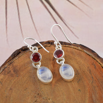 Natural Garnet & Moonstone Dual-Stone Earrings