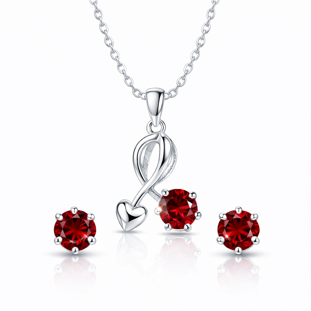 Entwined Hearts Garnet Necklace & Stud Set